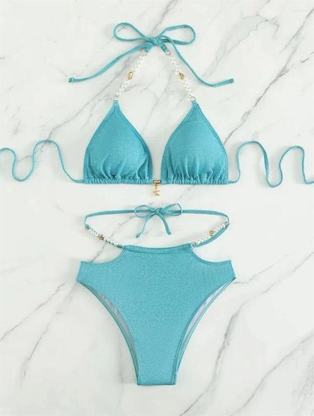 Swimswear féminin Blue Blue Bikini String String Pearls Halter Backless Triangle Swimsuit Y2k Vacation Femmes Highwaist Beach Bathing Fiching