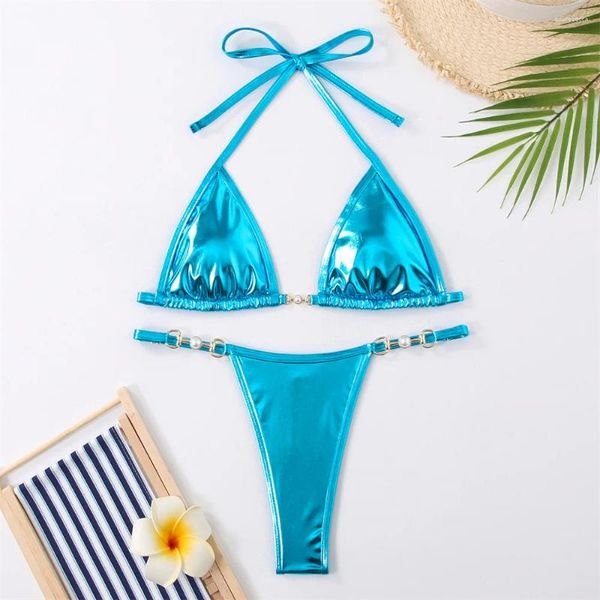 Traje de baño de mujeres con trajes de baño brillantes y2k Halter de micro bikini