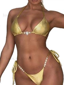 Dameszwemkleding Glanzende slangenhuid Halter Juwelen diamanten bikini Vrouwelijk badpak Dameszwemkleding Tweedelige bikiniset Braziliaans badpak Zwemmen T231215