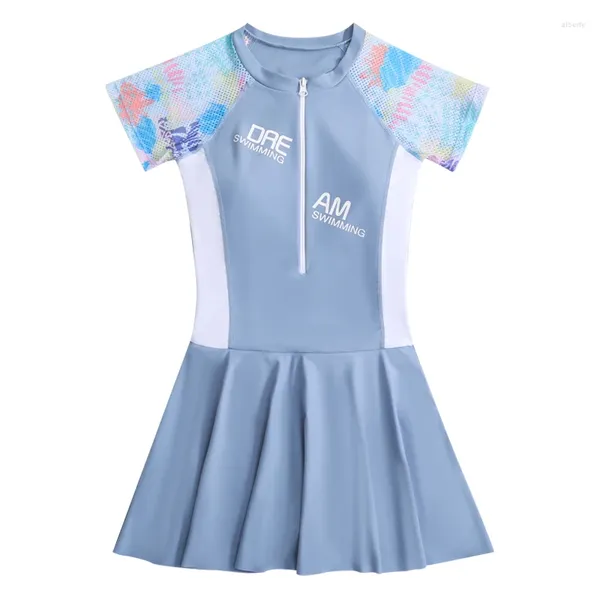 Traje de baño para mujer, traje de baño de una pieza con cremallera frontal de manga corta para niñas grandes, traje de baño para niños con almohadilla, ropa de playa