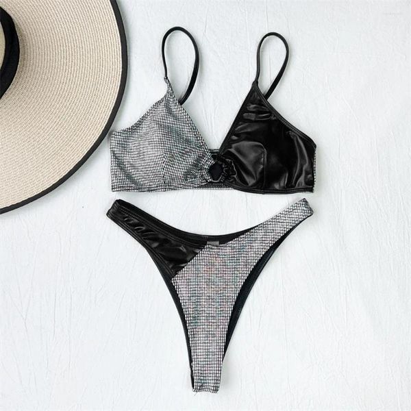 Bikini Black Black Bikini pour femmes Silver Bikini Punk Bikinis Two-Piece Bikinis Femmes Push Up Patchwork Beach Tenues Micro-Thong Bathing Imun