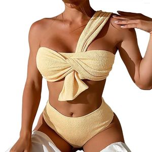 Maillots de bain pour femmes Maillot de bain à épaule unique Ensemble de bikini taille haute froncé couleur unie maillot de bain à volants noeud serré femme maillots de bain