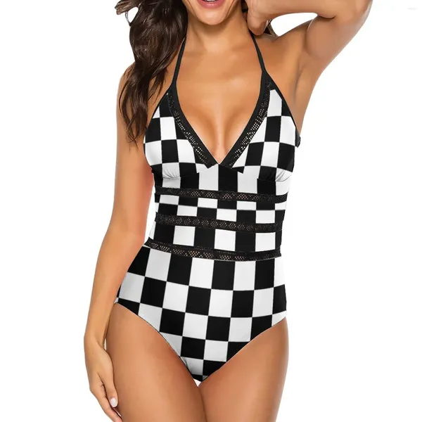 Sweetwear pour femmes Ska Checkerboard en V V-collier en V Halter Halter One-Piece Maix de maillot de bain Monokini Beach Bathing mail