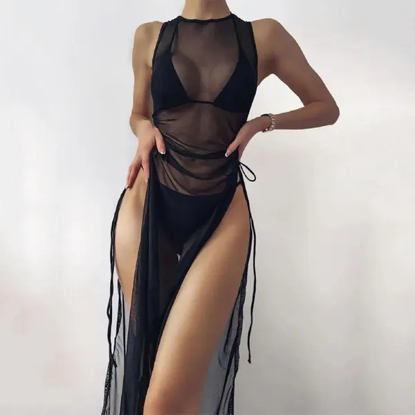 Traje de baño para mujer Vestido de playa flaco Bikini Conjunto de 3 piezas Sexy transparente Gasa larga Cubre Ups Acolchado Wrap