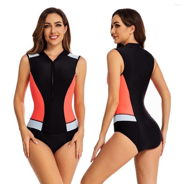 Traje de baño sin mangas para mujer, traje de baño de una pieza con estampado de cremallera frontal para mujer, traje de surf, protección UV para el baño