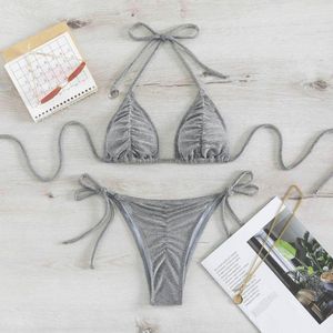 Traje de baño para mujer, conjunto de Bikini con cuello Halter ostentoso plateado, traje de baño de corte alto para mujer 2023, traje de baño brasileño de vendaje con cordones