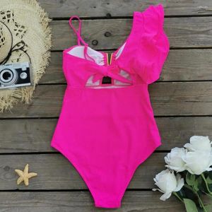 Dameszwemkleding Glad zwempak uit één stuk Tropische bladeren Print V-hals Monokini Ruche mouw voor dames Sexy strandkleding