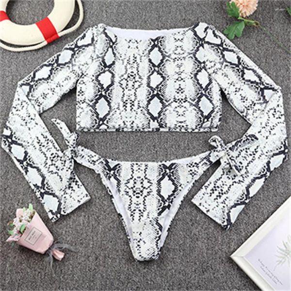 Sweetwwear Women Snake Print Bikini Thong Bowknot Split Swimsuit Long Sweve Sexy Vacation Swimswes Women Beach Brazilian Bathing