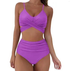 Dames Swimwear Solid Bikini ontworpen print Sexy Pantquisy Up Swimsuit Set Hoge taille Soild Bathing Women Push Summer