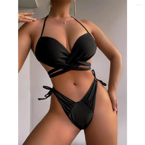 Swimwwear féminin Solid Black Two-once Massuit de maillot de bain 2024 Sexy Cross Bikini Low Raise Lace-Up Thong Beach Bathing Fssui d'été Summer sans