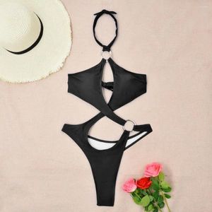 Maillot de bain pour femmes, couleur unie, vêtements de plage, élégant, coupe haute, une pièce, sexy, col licou, bikini creux pour femmes