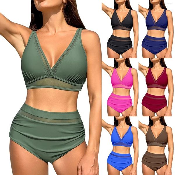 Maillots de bain pour femmes Couleur unie Double bretelles Mesh Garni Sexy Bikini Femmes Push Up Top Calendrier pour hommes String Set