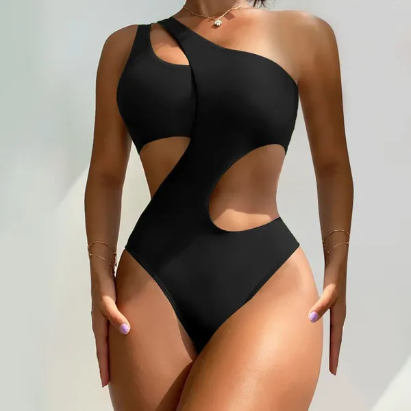 Swimwear pour femmes Couleur solide à la mode un maillot de bain avec couverture de ventre creuse Bikini nageur haut de taille blanc