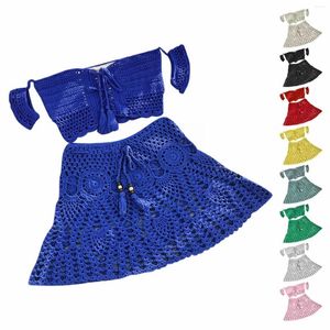 Swimons de maillots de bain pour femmes Couleur à main Crochet Top Miniskirt Jupe de baignade Set Femme Bikini Fringe Empillage pour les cheveux pour