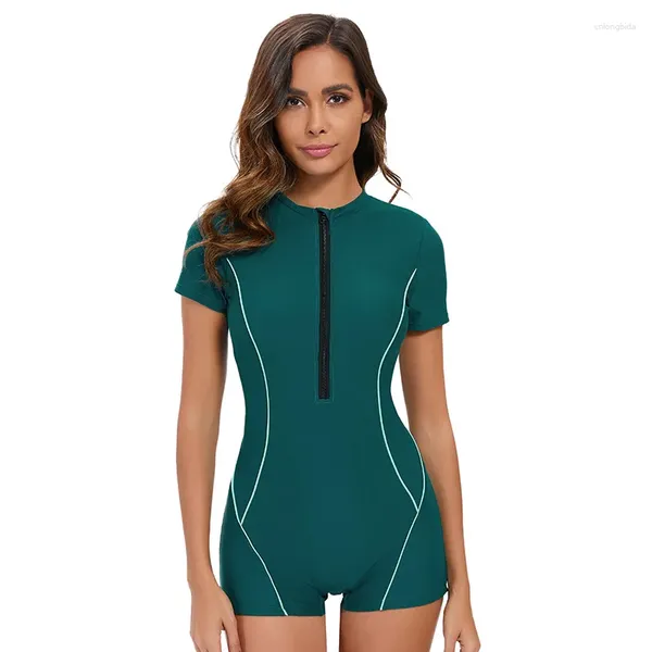 Traje de baño para mujer Color sólido Traje de baño deportivo de una pieza para mujer 2024 Cremallera de manga corta Bikini Monokini Tankini conservador Playa