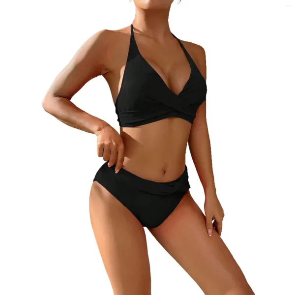 Traje de baño para mujer Paquete de color sólido que reúne el traje de baño dividido del bikini triangular sin espalda