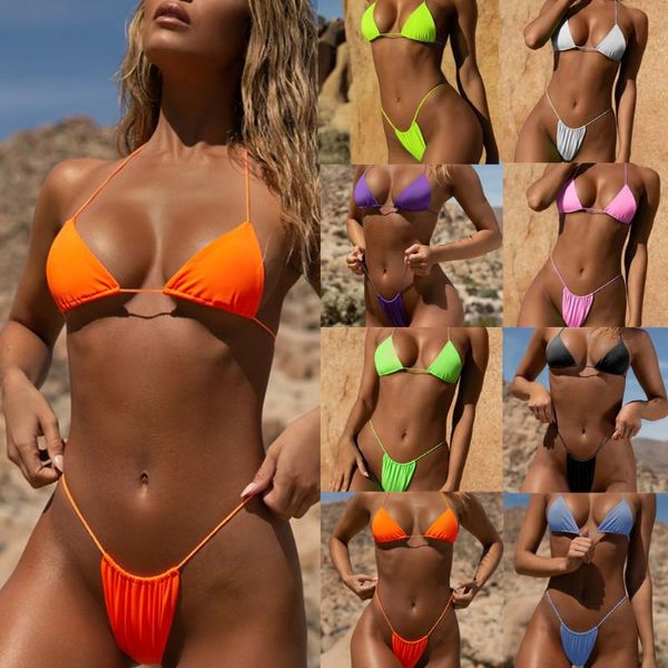 Traje de baño de mujer Color sólido Morado Verde Naranja Negro Sexy Bikini Set Traje de baño Mujer 2 piezas Traje de baño brasileño Push Up