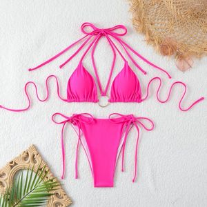 Swimwear Women's Color Color Rose Red 2 Piece Swimsuit For Women 2024 Low Taist Thong Bikini Sexy Bandage Suspender Backless Summer