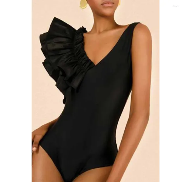 Traje de baño para mujer Color sólido Volantes Profundo V Traje de baño de una pieza Ropa de playa asimétrica para vacaciones Traje de baño de diseñador negro Ropa de surf de verano