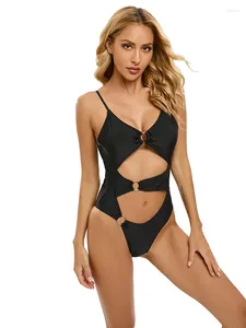 Dames badmode stevige kleur sexy uit één stuk zwempak vrouw 2024 zwart hoog taille uitgehold bikini voor veren en strandvakanties