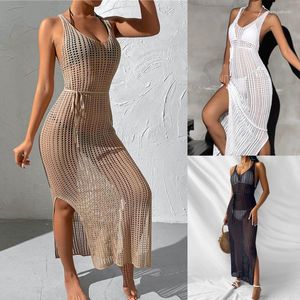 Traje de baño de mujer Túnica de ganchillo sólido Bikini Encubrimientos Sexy Hollow Out See Through Vestido de playa Ropa de verano para mujer Ropa de baño Traje de baño Cubrir