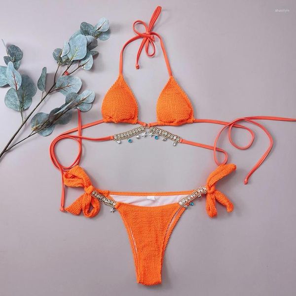 Traje de baño de mujer Traje de baño naranja sólido Mujer 2023 Bikini de diamante de lujo sexy Tanga con cordones Traje de baño de playa sin espalda de 2 piezas YSM230359