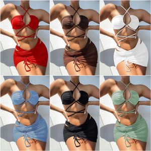 Dames badmode stevige tie-up tasstring bikini set zwempak omgekeerde slijtage driedelige gesplitste buitenlandse handel zwempak