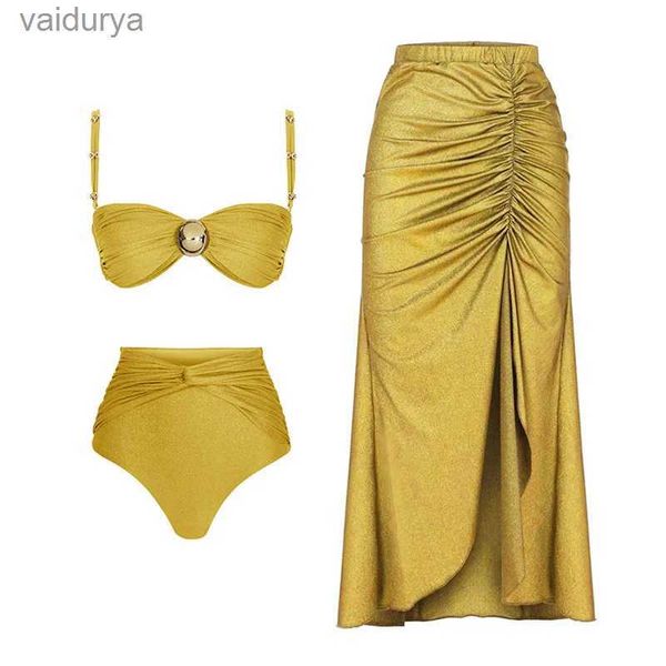 Traje de baño para mujer Conjunto de bikini de cintura alta amarillo sólido Cubrir traje de baño para mujeres Push Halter Tres piezas 2023 Trajes de baño de playa YQ240330