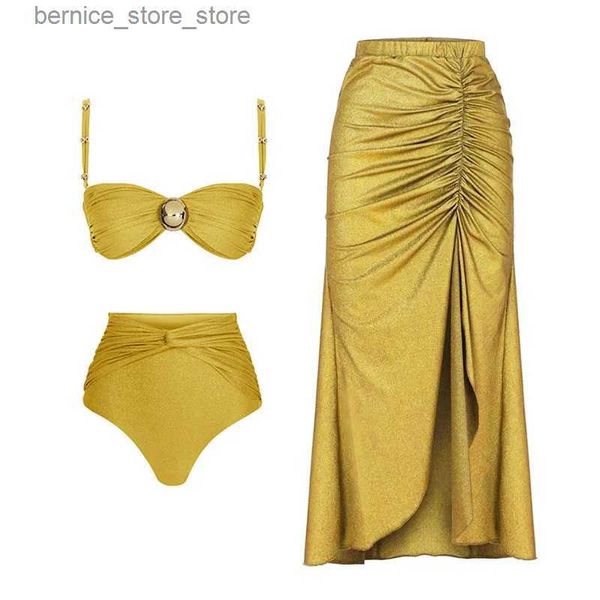 Traje de baño para mujer Conjunto de bikini de cintura alta amarillo sólido para mujer Push Up Traje de baño de tres piezas 2023 Playa Q240306