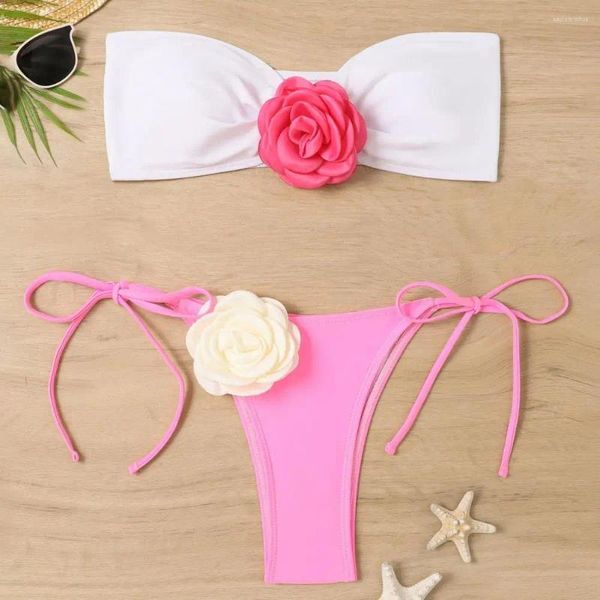 Traje de baño para mujer Split Bandeau Bikini Set Elegante flor 3D con calzoncillos con cordones Traje de baño de color patchwork para rápido