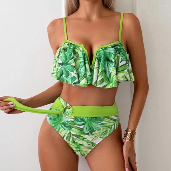 Swimwear Split Design Design Ruffle Ruffle Hem Bikini Ensemble avec des slips de blinds de ruban haute taille en V