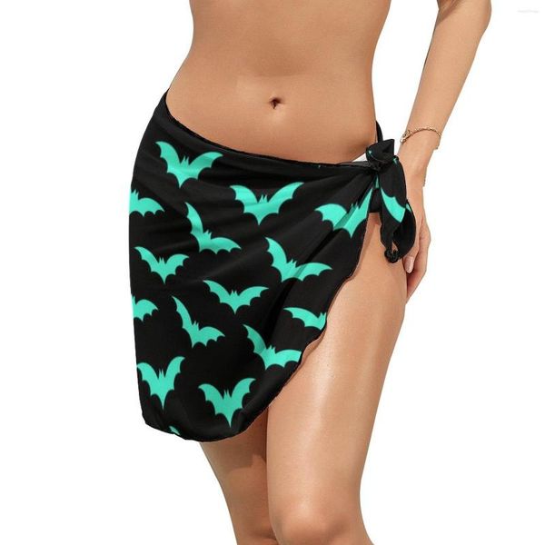 Swimwwear pour femmes Spooky Halloween Print Beach Bikini Cover Up Turquoise Bats Murons de mousseline Couvrettes de vacances Écharpe surdimensionnée