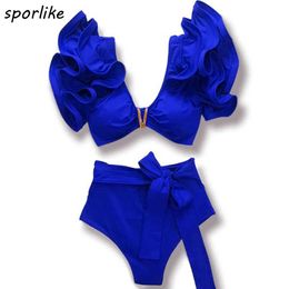 Dameszwemkleding Sporlike bikiniset met hoge taille, V-hals en schouderplooien, sexy bedrukt badpak, tweedelig badpak 2024 damesbadpak J240330