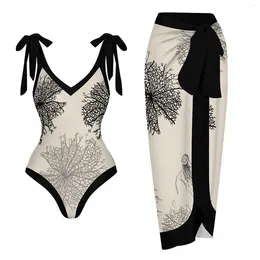 Dames Swimwear Spring Retro 2 -delige zwempak met Deep V Tie Chiffon Rok Set Skaver Cover Up String Bikini Underwear For Women