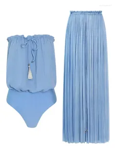 Dames Zwemkleding Strapless Effen Kleur Strandoutfits Voor Dames 2024 Luxe Eendelig badpak en lange geplooide jurk Sexy / Monokini