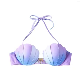 Traje de baño para mujer, Bikini con tiras y conchas marinas, Top con degradado de sirena, Tops de baño, traje de baño con realce para mujer con aros