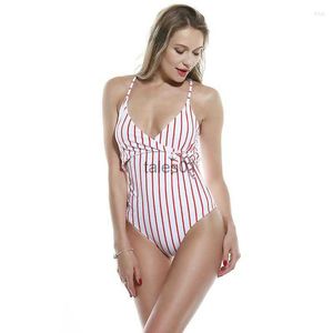 Maillots de bain pour femmes Maillot de bain rayé Pièce rayé devant noué dos licou croix rose blanc pour jeune femme 240226