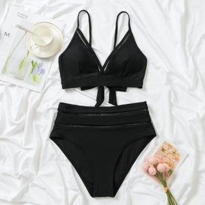 Traje de baño para mujer, conjunto de bragas con sujetador elegante, almohadillas sin espalda, parte inferior de cintura alta, traje de baño tipo dividido, Bikini, ropa de playa