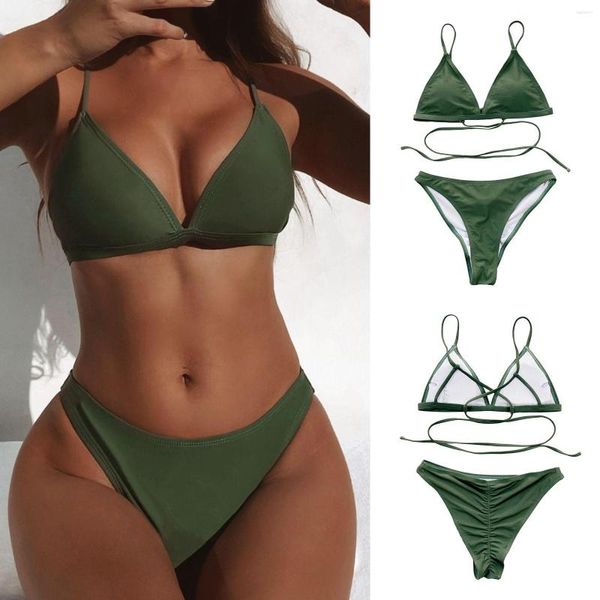 Maillots de bain pour femmes Summer Back Cravate alternée Vert foncé Mode Split Bikini Set Manches bouffantes