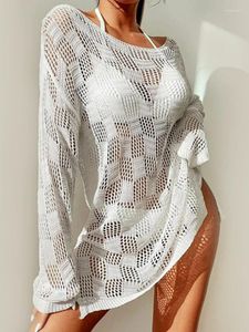 Maillots de bain pour femmes Été Bikini Cover Up Femmes Robe de plage 2023 Mode Blanc Sexy Tricoté Split Crochet Creux Out Vacances O Cou Lâche