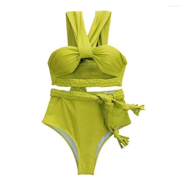 Traje de baño para mujer Conjunto de bikini con correa de cuerda trenzada de verano con cintura alta Calzoncillos de natación Sujetador hueco Diseño dividido Ropa de playa Traje de baño