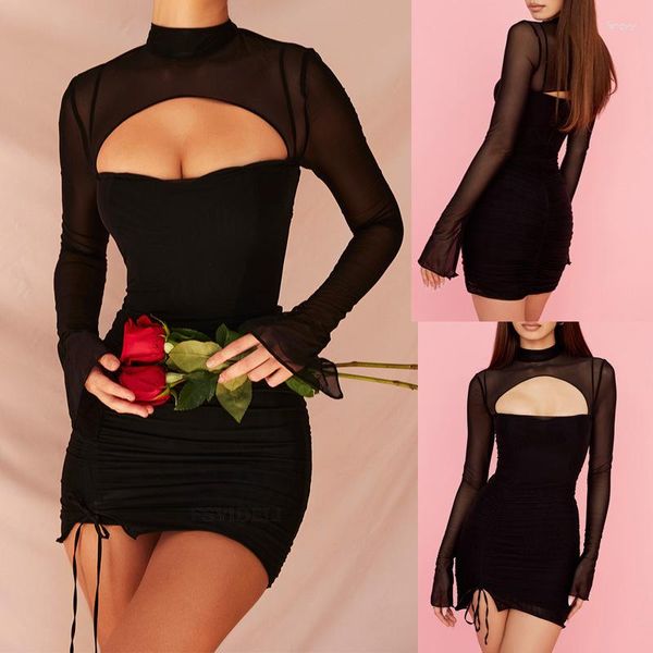 Traje de baño de mujer Ropa de verano para mujer Traje de baño Cubrir Pareo Vestido de playa Damas a través del espejo Blanco Sexy Falda de manga larga Su Hollow