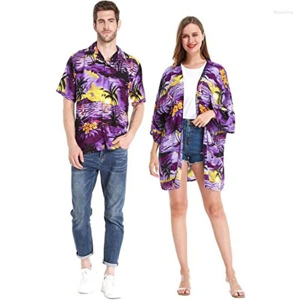 Traje de baño para mujer Traje de pareja de verano Fiesta de vacaciones en la playa hawaiana Playa tropical junto al mar Árbol de coco Camisa con estampado de puesta de sol o kimono suelto