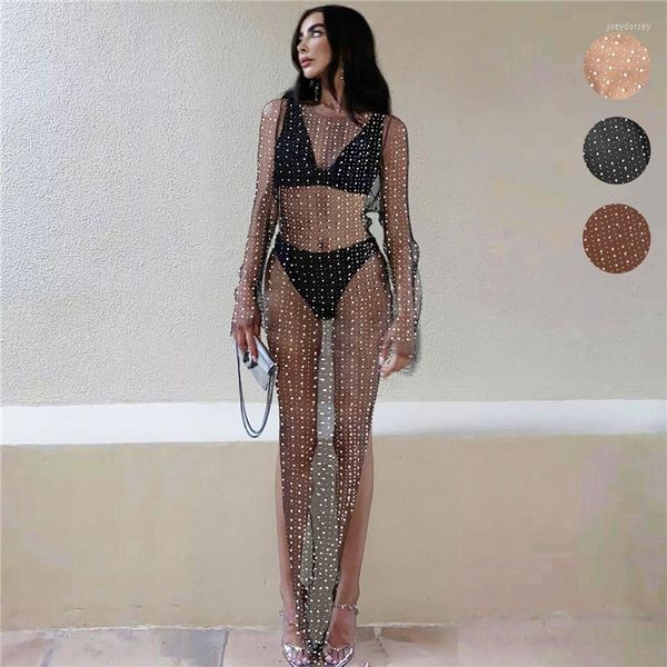 Maillots de bain pour femmes Summer Fashion Diamond Beading Maxi Dress Manches longues See Through Mesh Cover Ups Sexy Split Beachwear Party Club Femmes