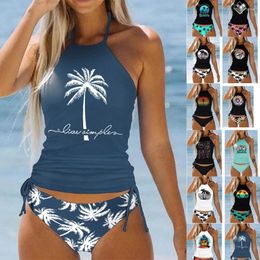 Damesbadmode Zomer Hoge elastische bikiniset 3D Kokospalmprint Tweedelige vetersluiting Sexy strandbadpak S-6XL