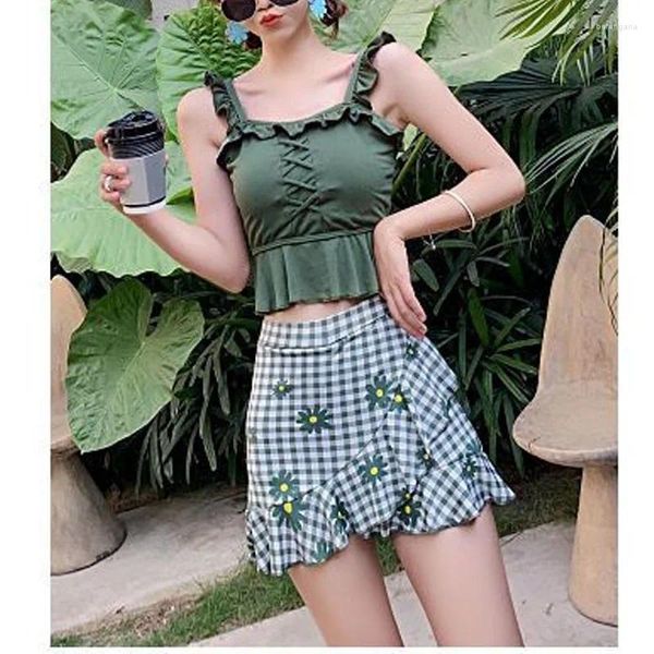 Traje de baño para mujer Versión coreana de verano Volantes impresos con almohadilla en el pecho sin soporte de acero Natación de primavera Dulce y encantador traje de baño dividido