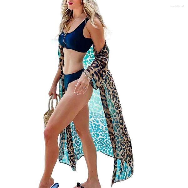 Maillots de bain pour femmes Summer Leopard Print Maillot de bain Blouses Voir à travers Beachwear Long Cover Up Cardigan