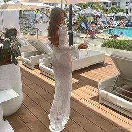 Swimwear féminin Summer Long Treot See-Through Beldwear Color Color Flare Sleve O Cou Cabinet Hollow Backless Robe Up Robe