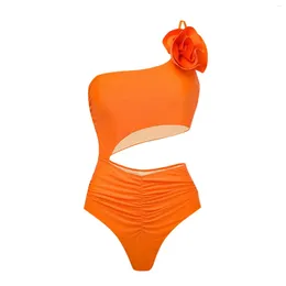 Dames zwemkleding zomer een schouder sexy uithol uit driedimensionale bloemenbikini met heup wrap rok covered glooide stroedweerzwempak