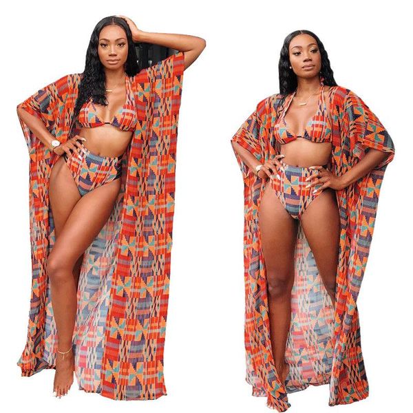 Traje de baño para mujer, conjunto de traje de baño Sexy de 3 piezas, trajes de baño con estampado Digital, Bikini, blusas de playa, cárdigan tipo kimono, cubierta larga